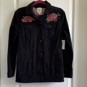 LuLaRoe Black denim Jean Jacket with coral and purple Rose Embroidery